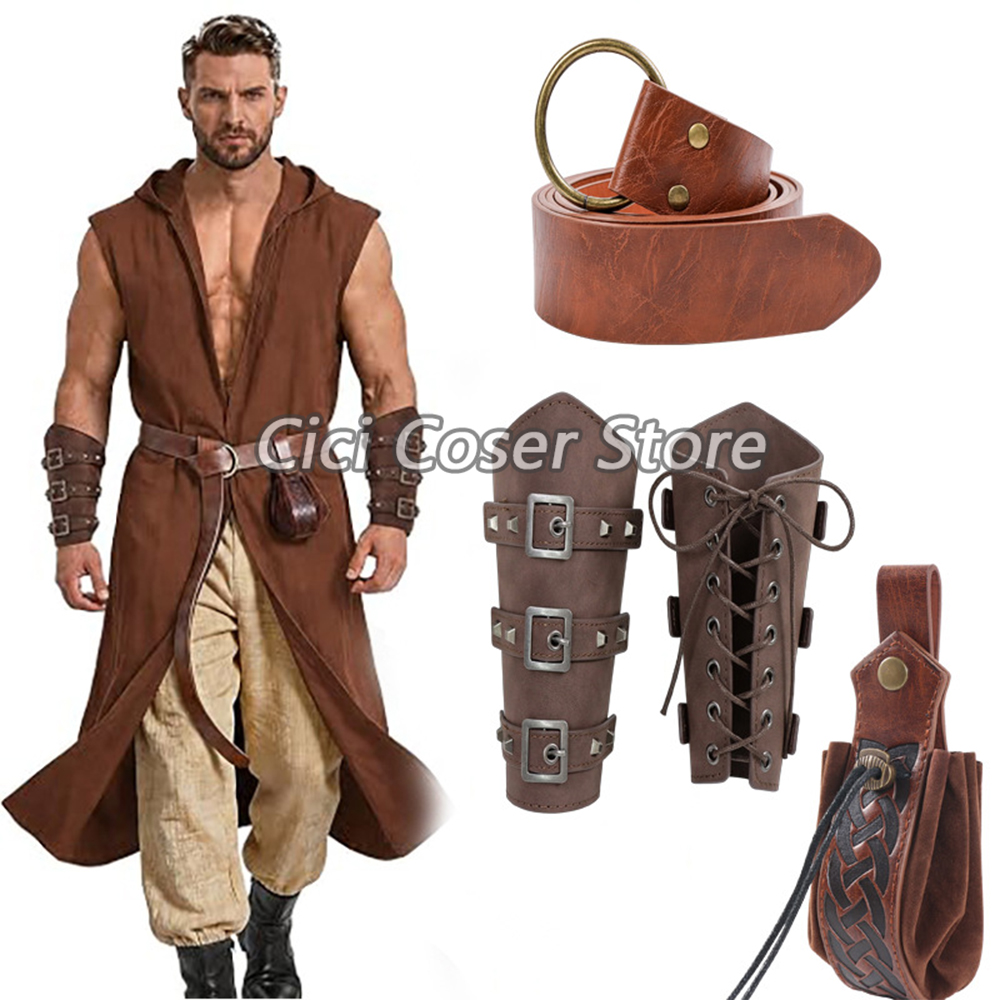 Cosplay Props - Middeleeuwse PU lederen riem, armbanden, heuptas